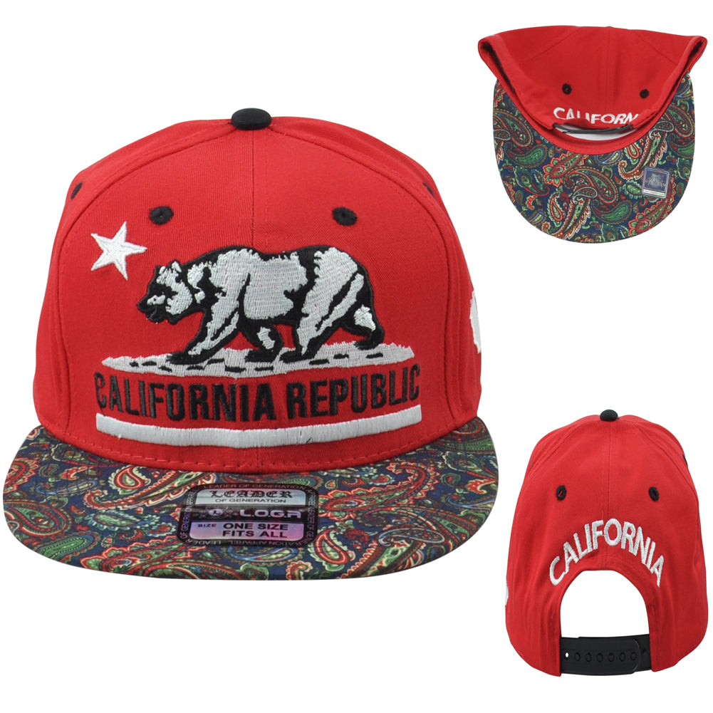 Leader California Cali Bear Logo State Red Republic Snapback Patterned Hat Cap