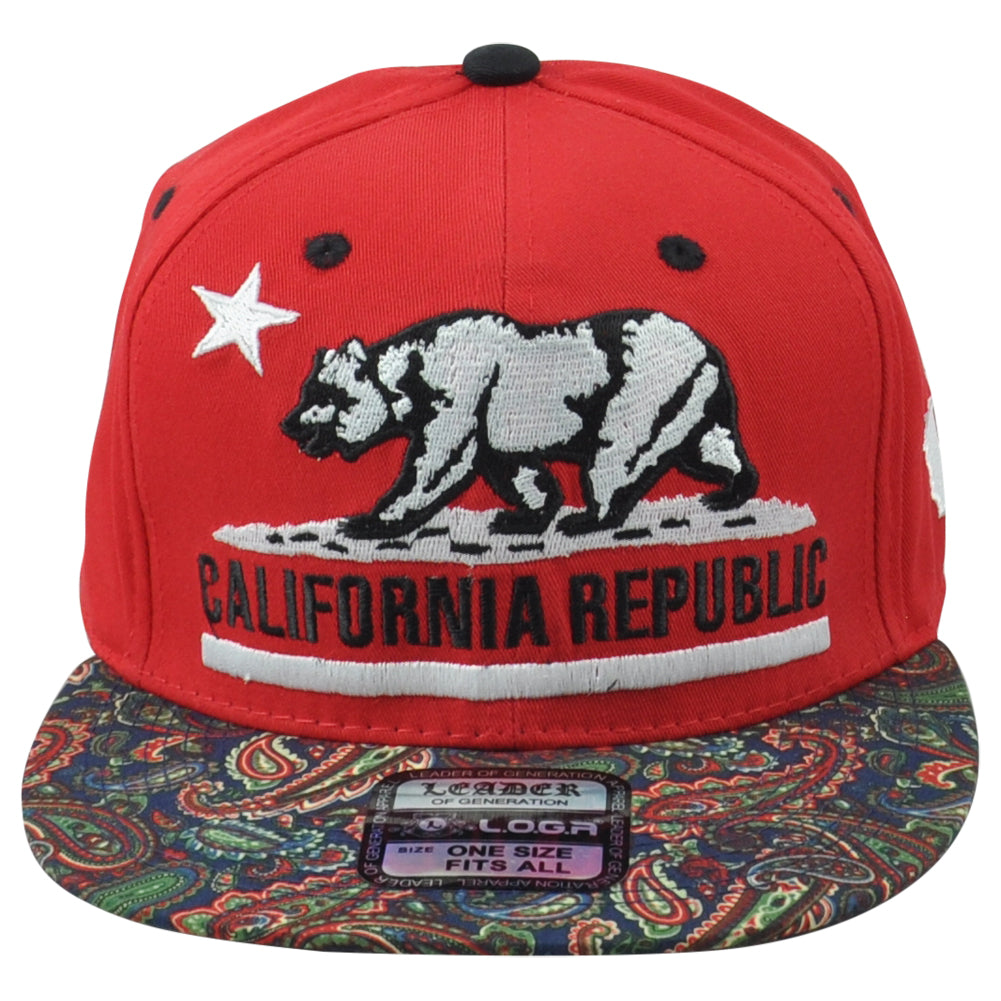 Leader California Cali Bear Logo State Red Republic Snapback Patterned Hat Cap