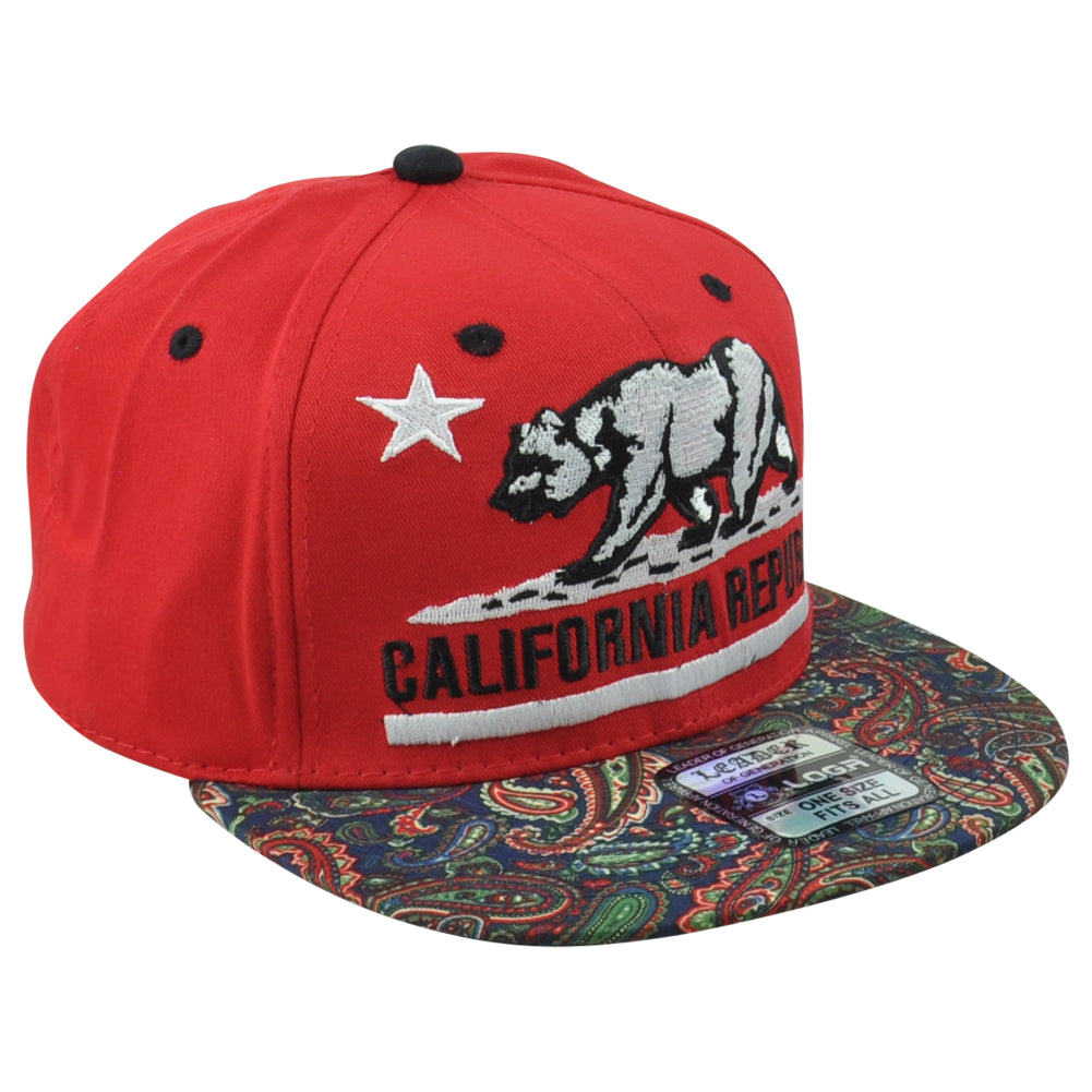 Leader California Cali Bear Logo State Red Republic Snapback Patterned Hat Cap