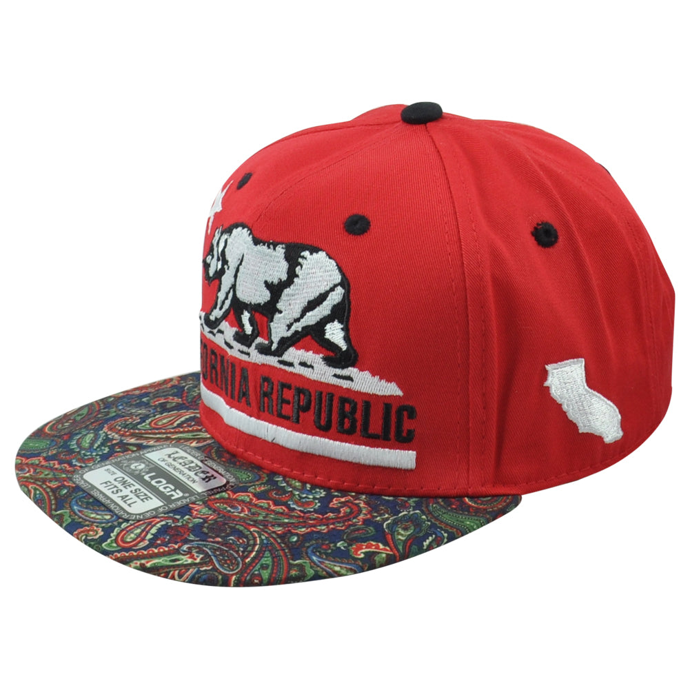 Leader California Cali Bear Logo State Red Republic Snapback Patterned Hat Cap