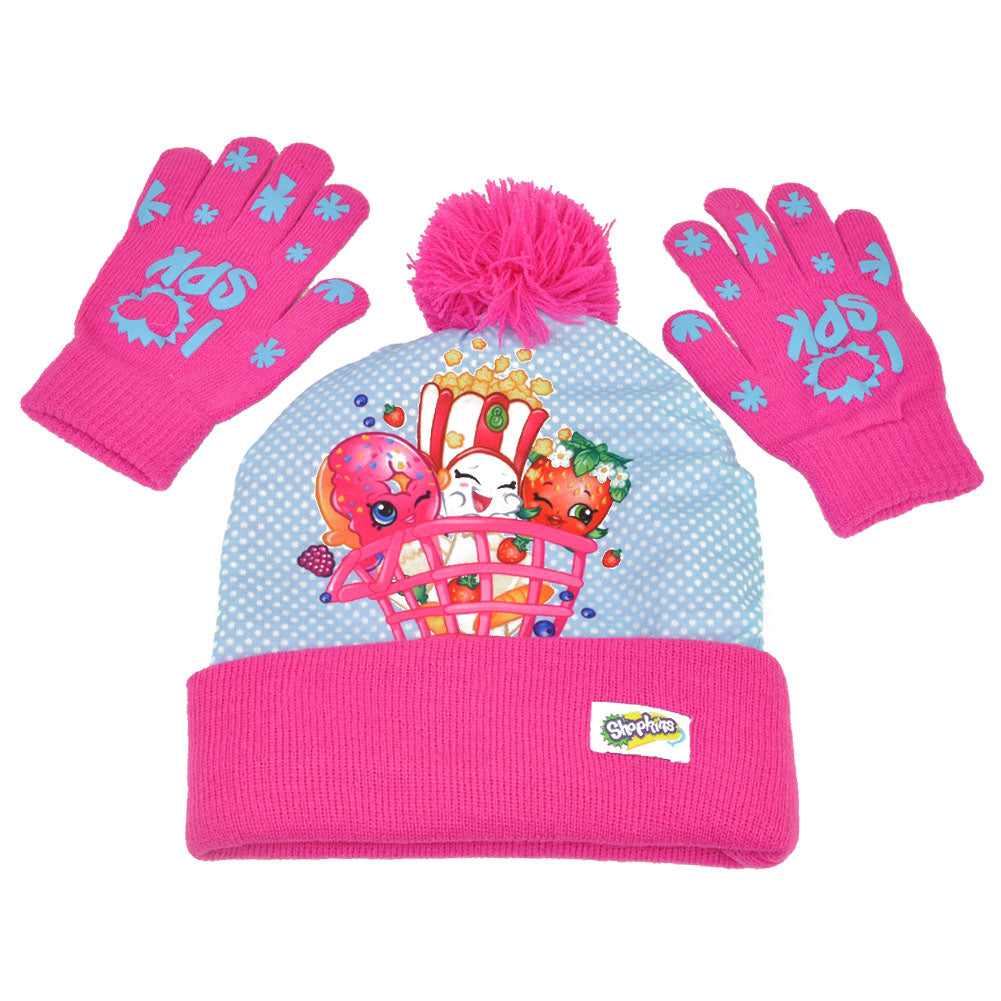 ABG Shopkins Sublimated Girls Kids 2 Piece Set Beanie Knit Toque Gloves One Size