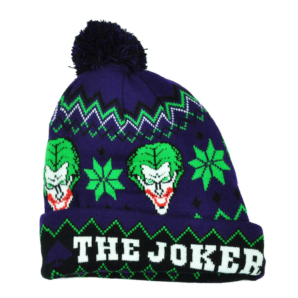 DC Comics Joker Cuffed Knit Beanie Black Villain Hat Mens Pom Pom Purple Villain