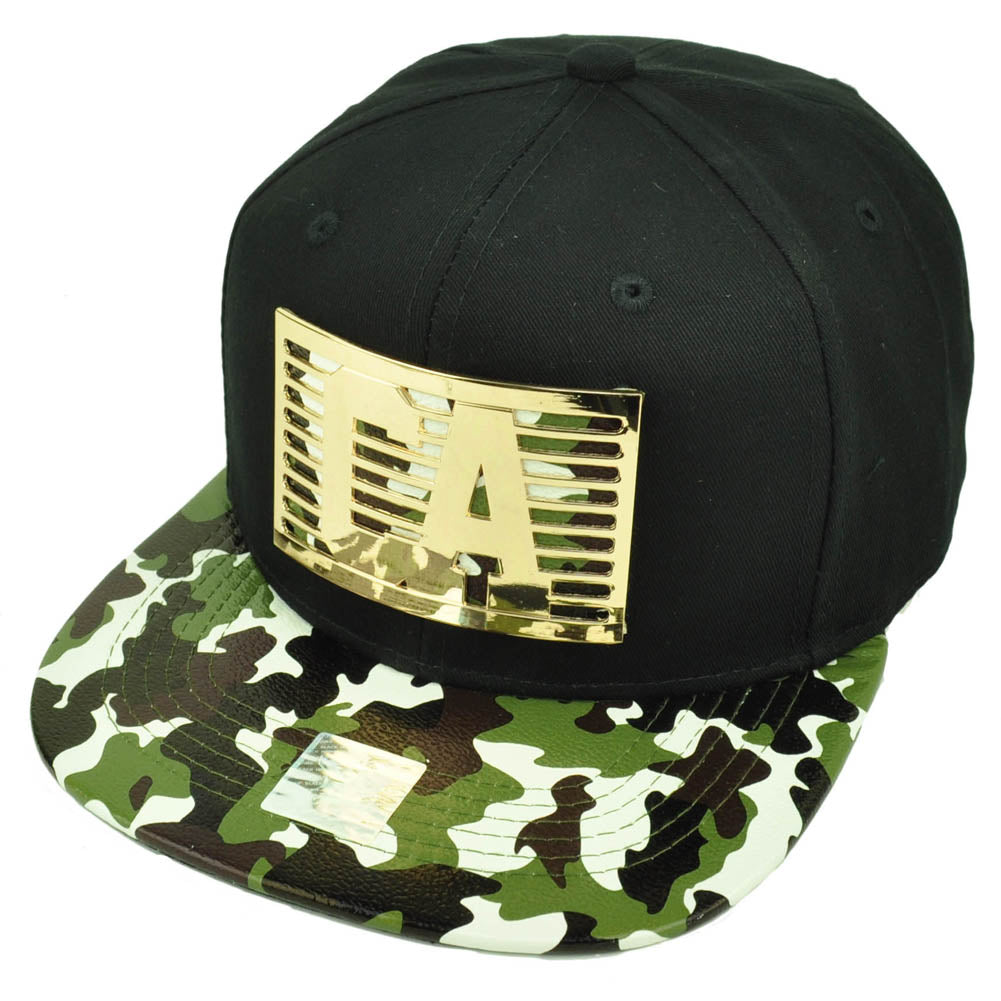 CA California Metal Emblem Gold State Camouflage Flat Bill Hat Cap Black Cali