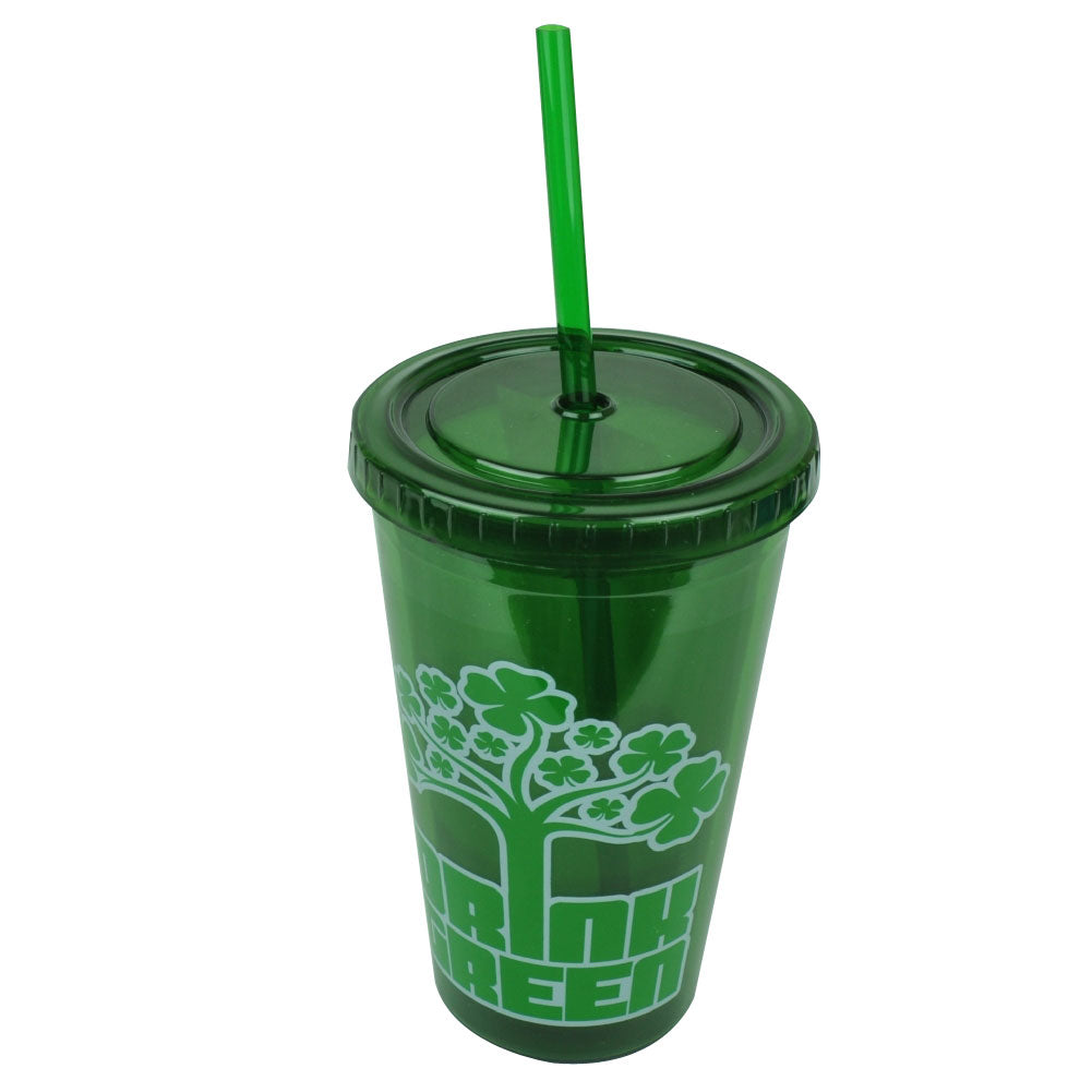 St Saint Patricks Day Drink Green Lucky Tumbler Cup Straw 16oz Water Plastic