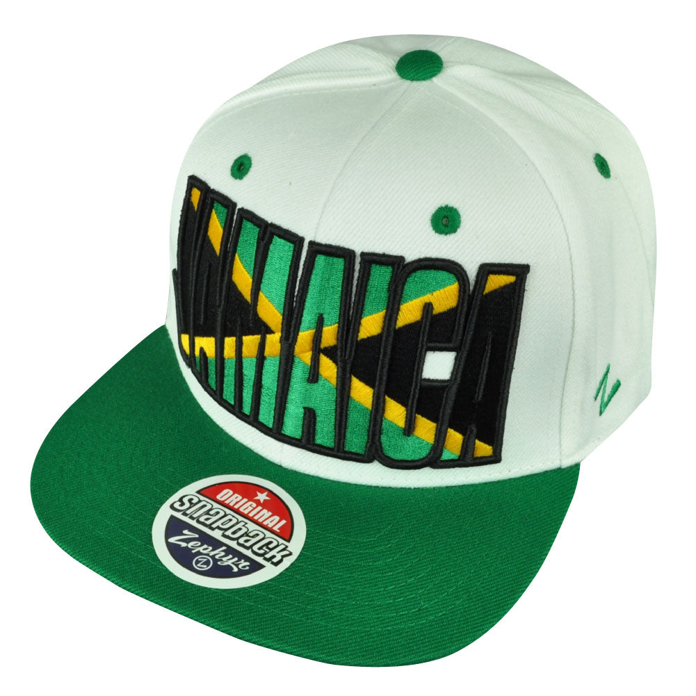 Zephyr Jamaica Caribbean Adjustable Snapback White Backdrop Villain Hat Cap