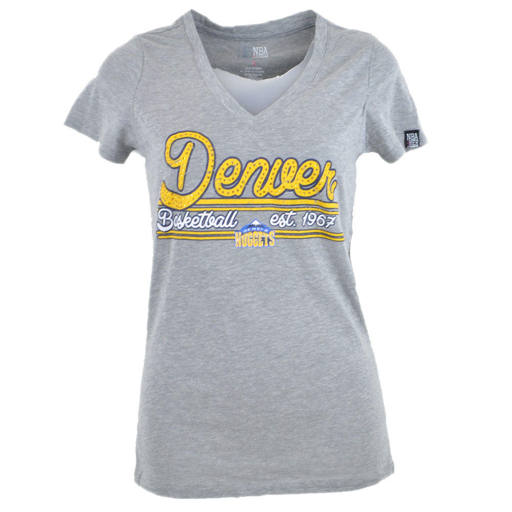 NBA 4 Her Unk Denver Nuggets Women Ladies Center Vneck Tshirt Rhinestone