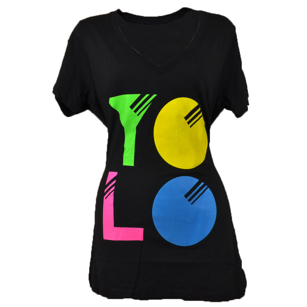 YOLO You Only Live Once Authentic Spencers Women Funny Graphic Tee V-Neck Black