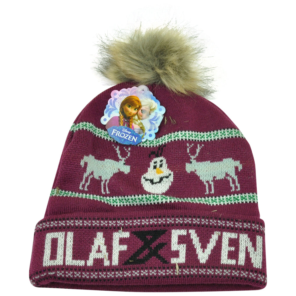 Disney Frozen Olaf Sven Plum Snowman Faux Fur Pom Knit Cuffed Beanie Hat Movie