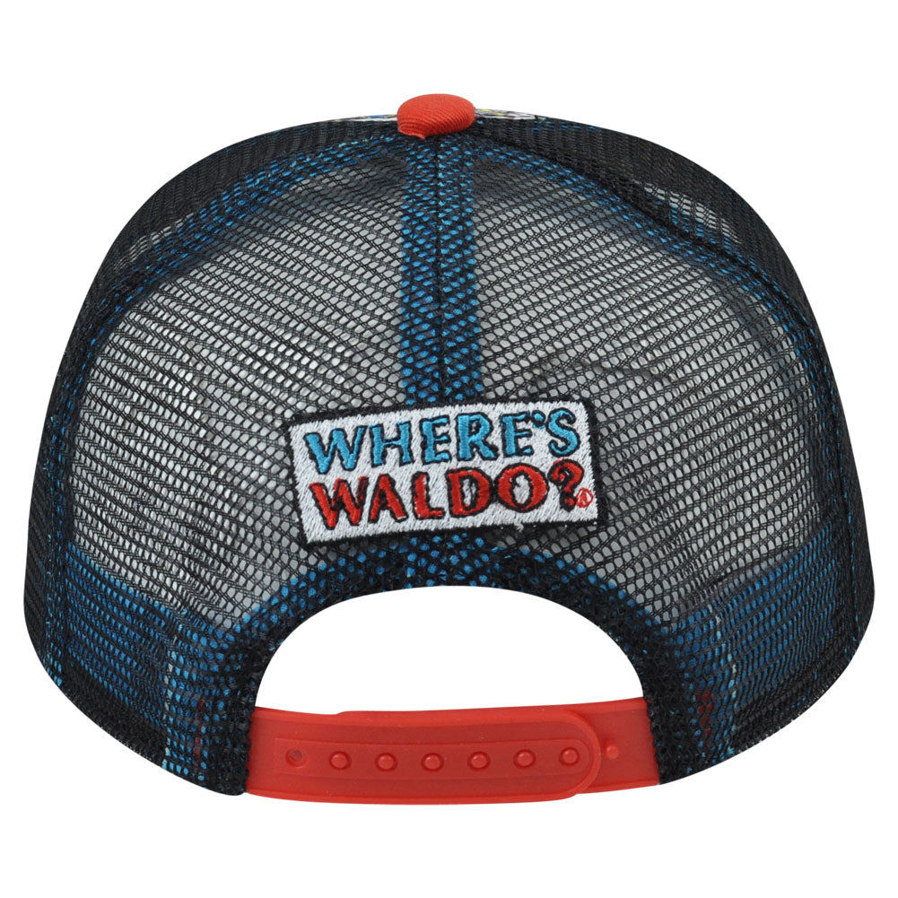 Wheres Waldo Screen Print Trucker Mesh Flat Bill Two Tone Snapback Hat Cap