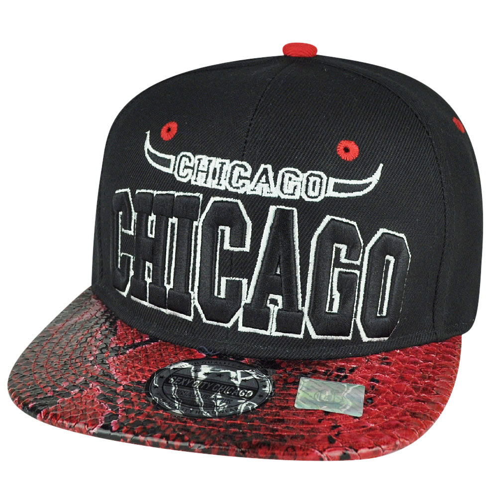 Windy City Chicago Faux Red Snake Skin Animal Flat Bill Snapback Hat Cap State