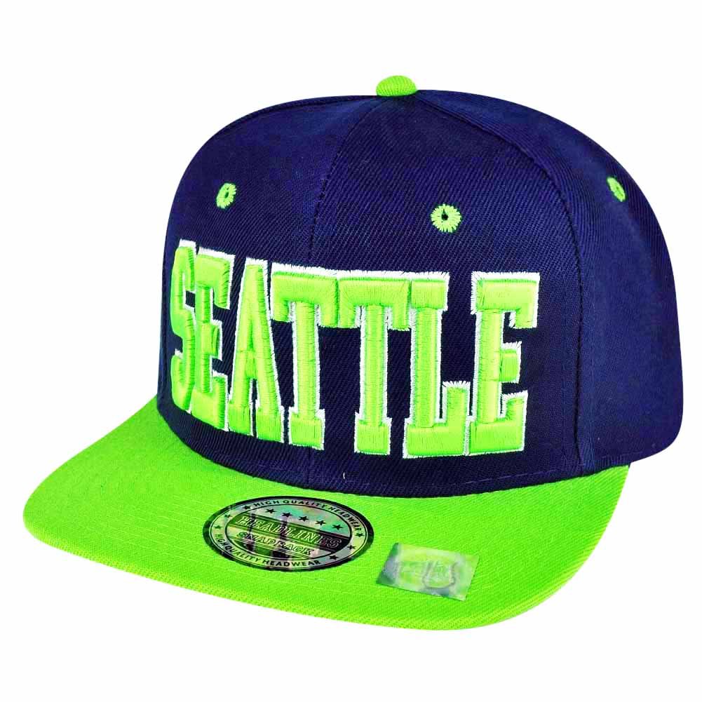Seattle Washington Navy Two Toned Snapback Green Flat Bill Hat Cap State City