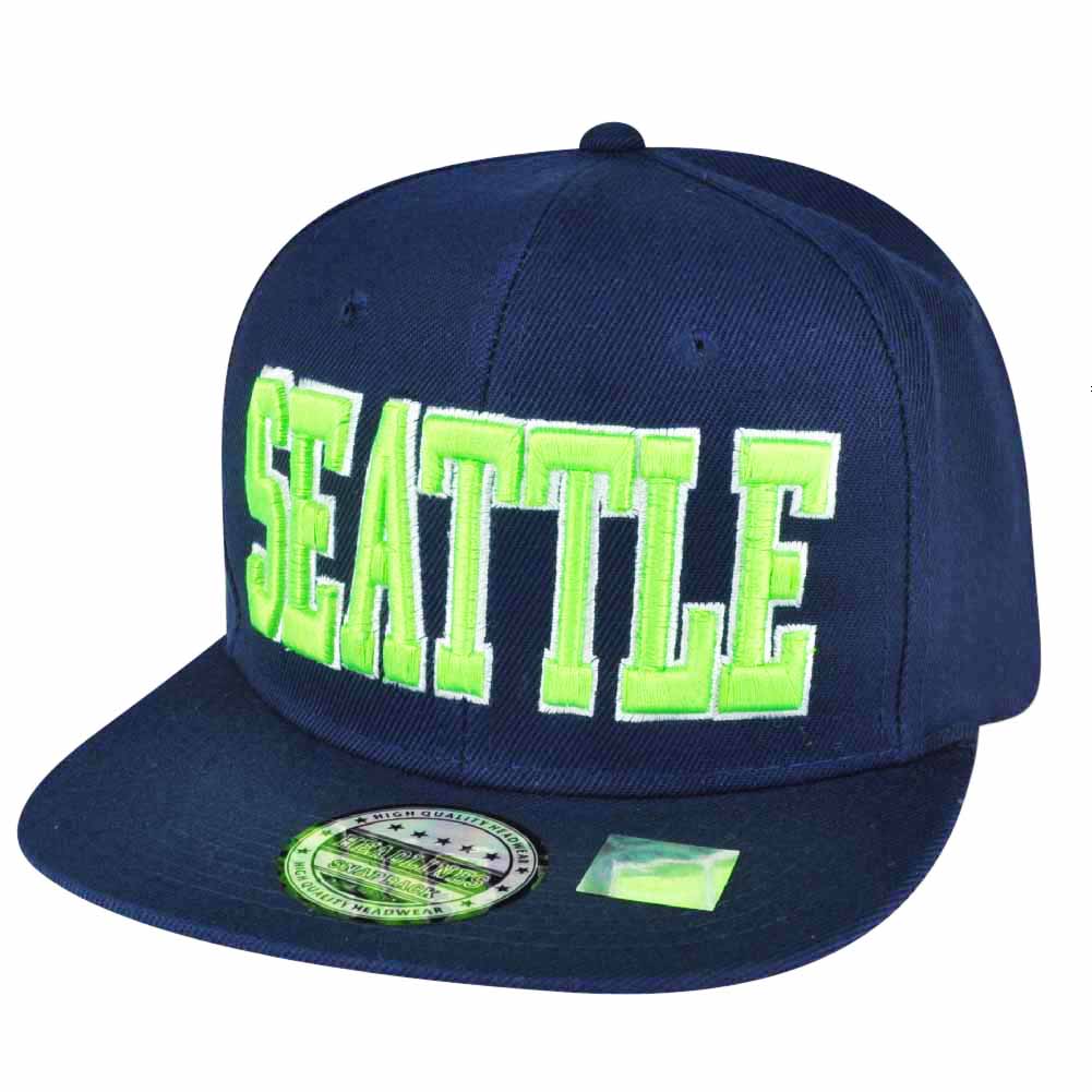 Seattle Washington Solid Tone Blue Snapback Navy Flat Bill Hat Cap State City