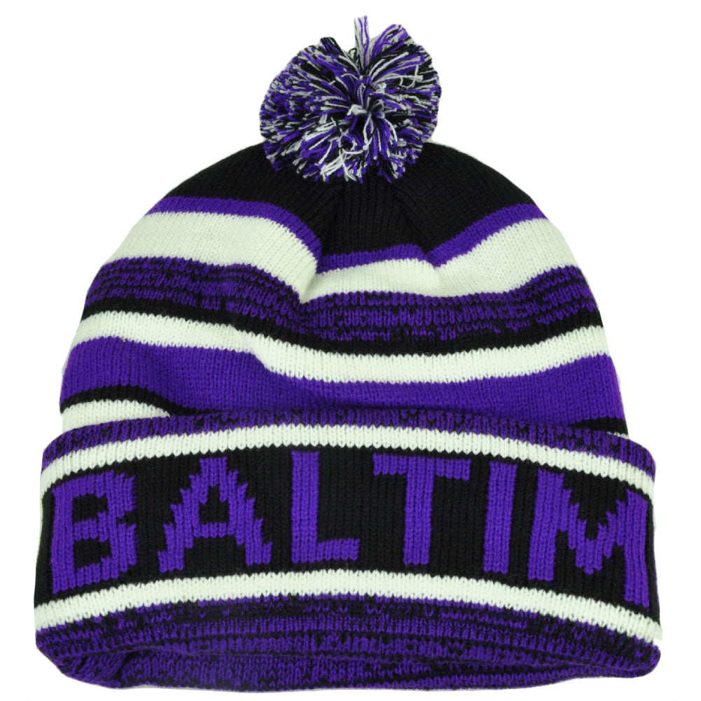 Baltimore Pom Pom Cuffed Toque Purple White City State Town Beanie Knit Striped