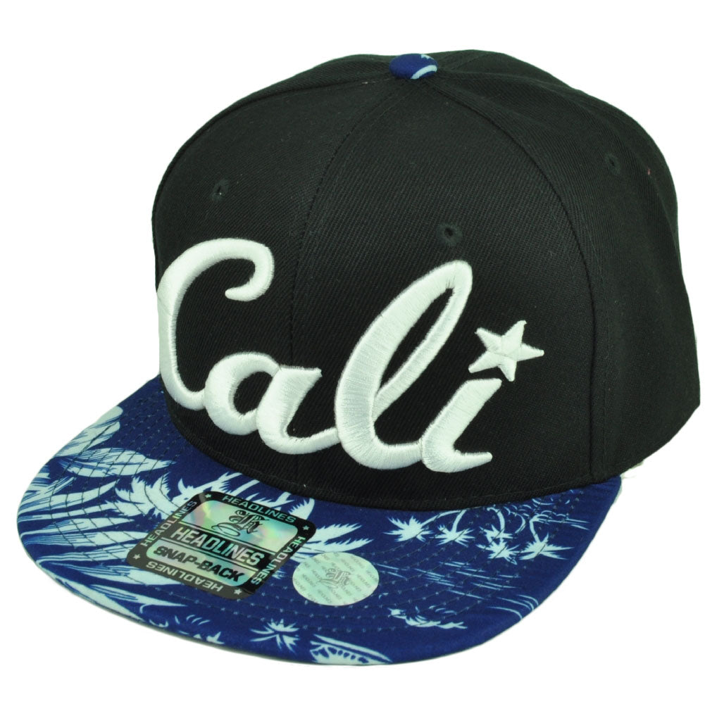 Cali California 3D Hawaiian Floral Flower Brim Hat Cap Snapback BLK Blue White