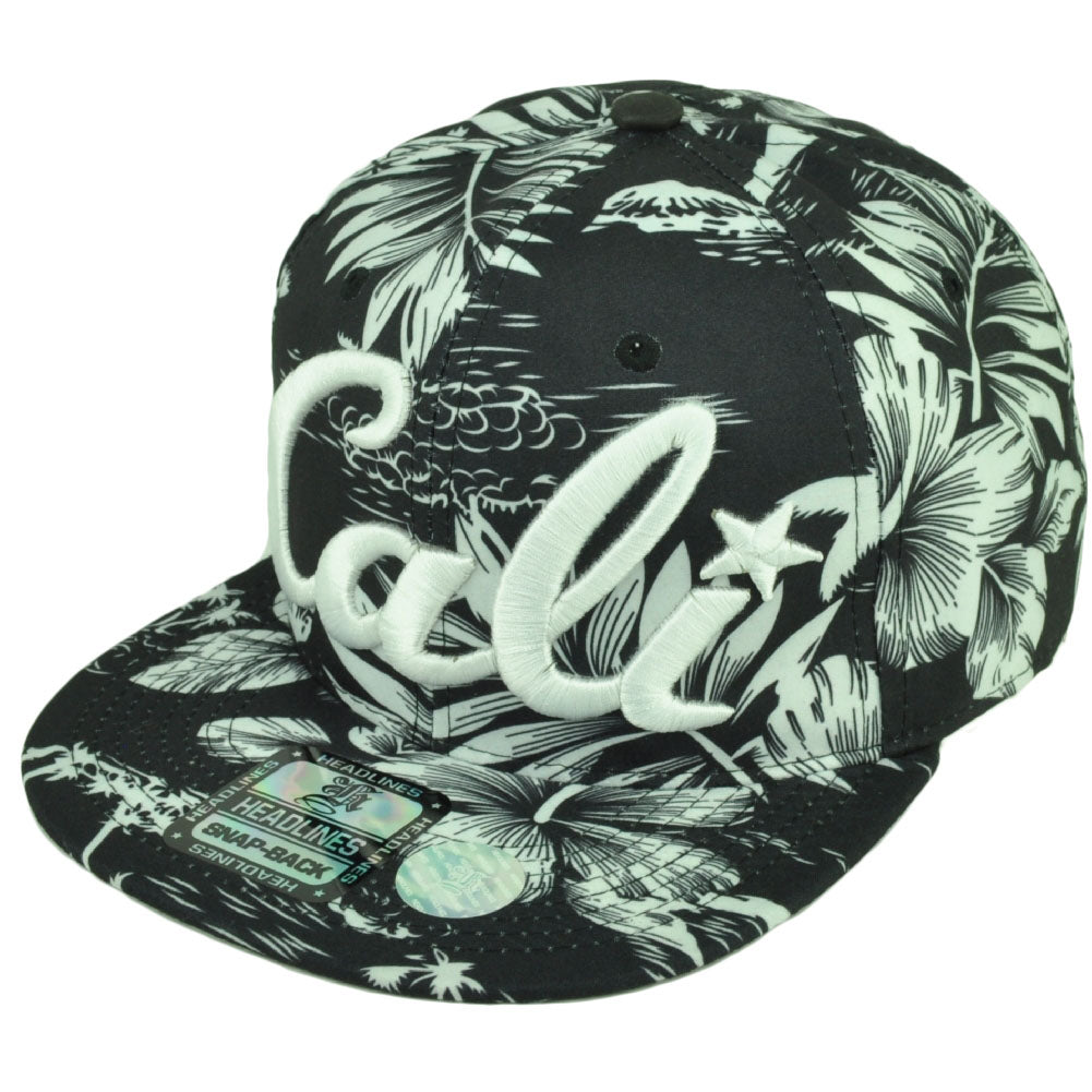 Cali California All Over Hawaiian Floral Hat Cap Nylon Snapback BLK White Palms