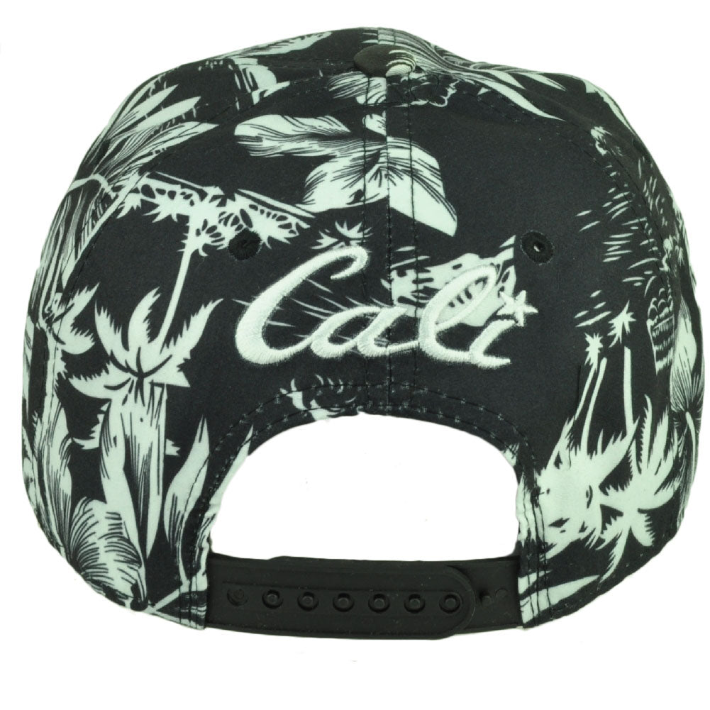 Cali California All Over Hawaiian Floral Hat Cap Nylon Snapback BLK White Palms