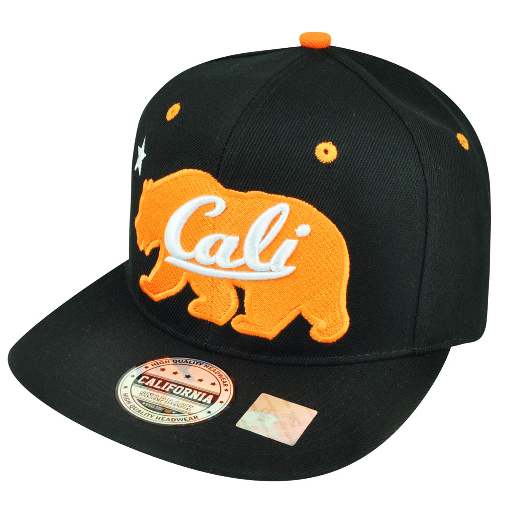 California Republic Cali Orange Bear Logo Solid Black Snapback Flat Bill Hat Cap