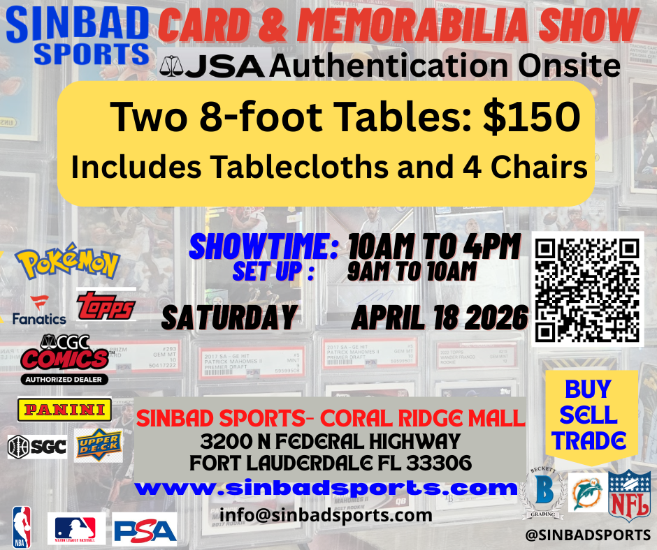 Sinbad Sports Card Show April 18 2026 - Two 8 Foot Vendor Tables