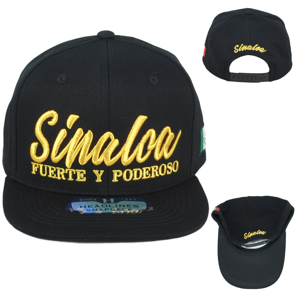 Sinaloa Fuerte Y Poderoso Mexico Flag Adjustable Flat Bill Black Gorra Hat Cap