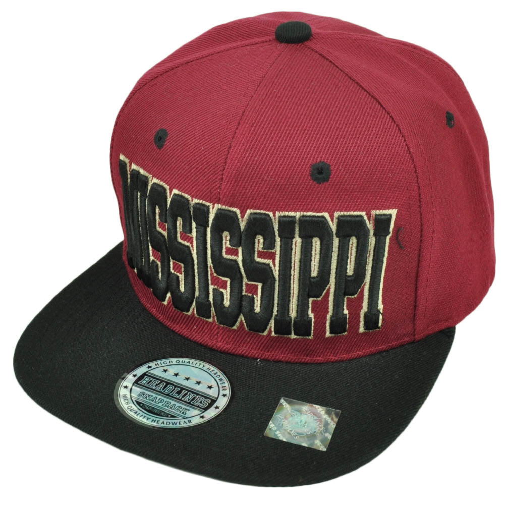 Mississippi Burgundy Black Southern State USA Flat Bill Snapback Hat Cap MS
