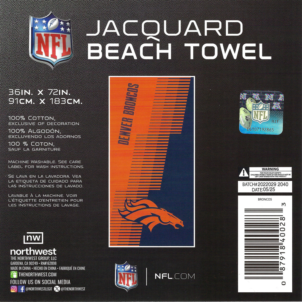 NFL Denver Broncos Jacquard 36x72 Sports Cotton Football Beach Towel Orange Blue