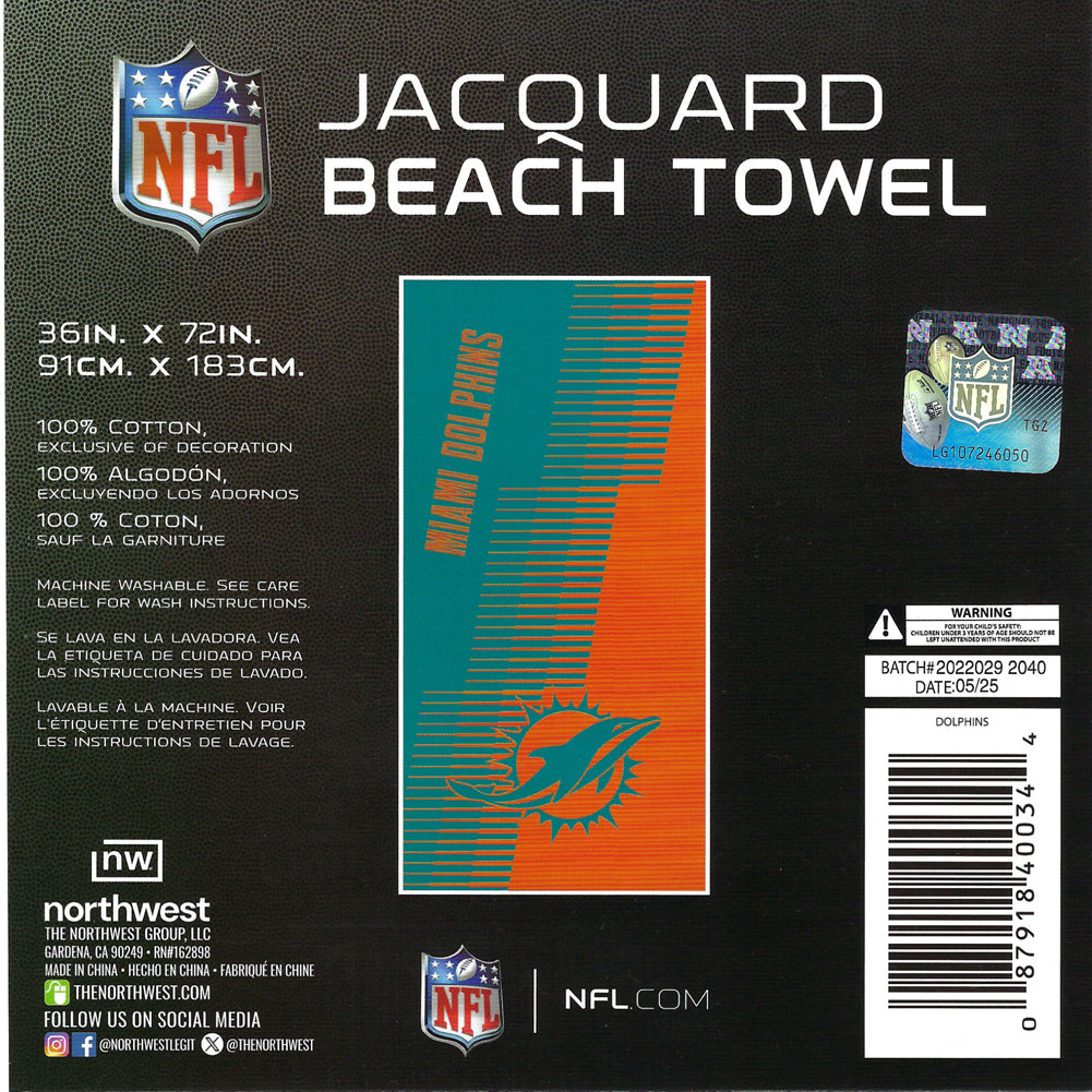 NFL Miami Dolphins Jacquard 36x72 Sports Cotton Football Beach Towel Teal Orange