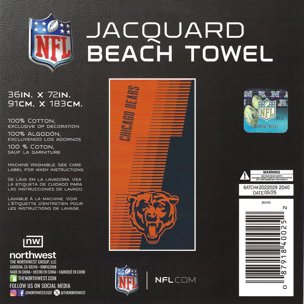 NFL Chicago Bears Jacquard 36x72 Sports Cotton Football Beach Towel White Blue