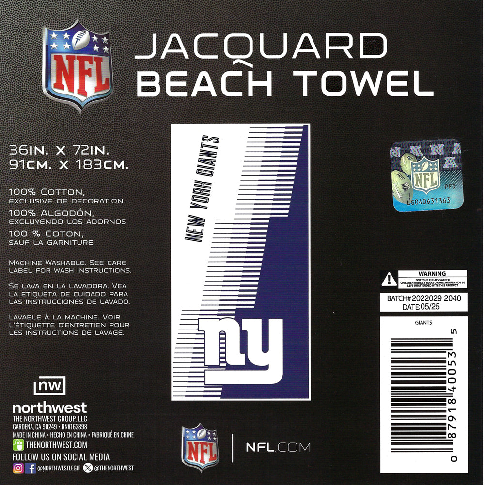 NFL New York Giants Jacquard 36x72 Sports Cotton Football Beach Towel White Blue