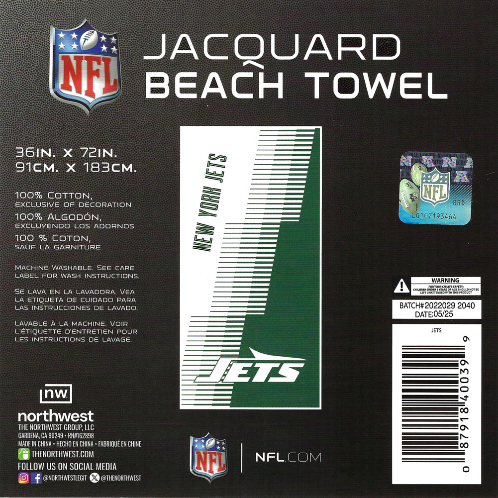 NFL New York Jets Jacquard 36x72 Sports Cotton Football Beach Towel White Green