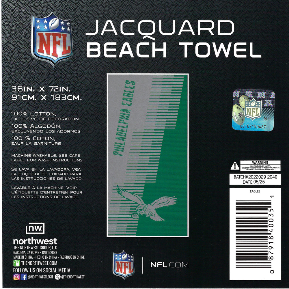 NFL Philadelphia Eagles Jacquard 36x72 Sports Cotton Football Beach Towel NW