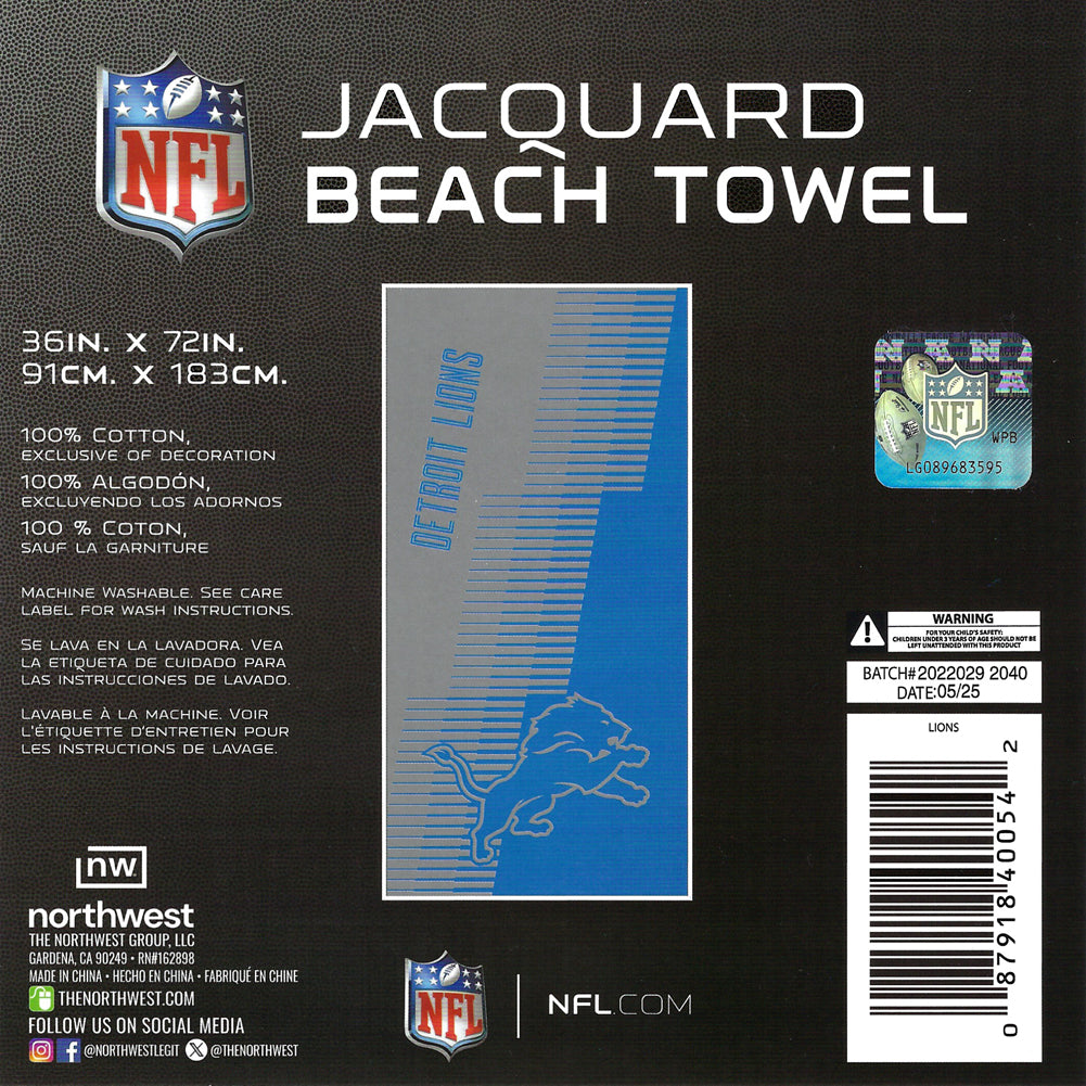 NFL Detroit Lions Jacquard 36x72 Sports Cotton Football Beach Towel Gray Blue