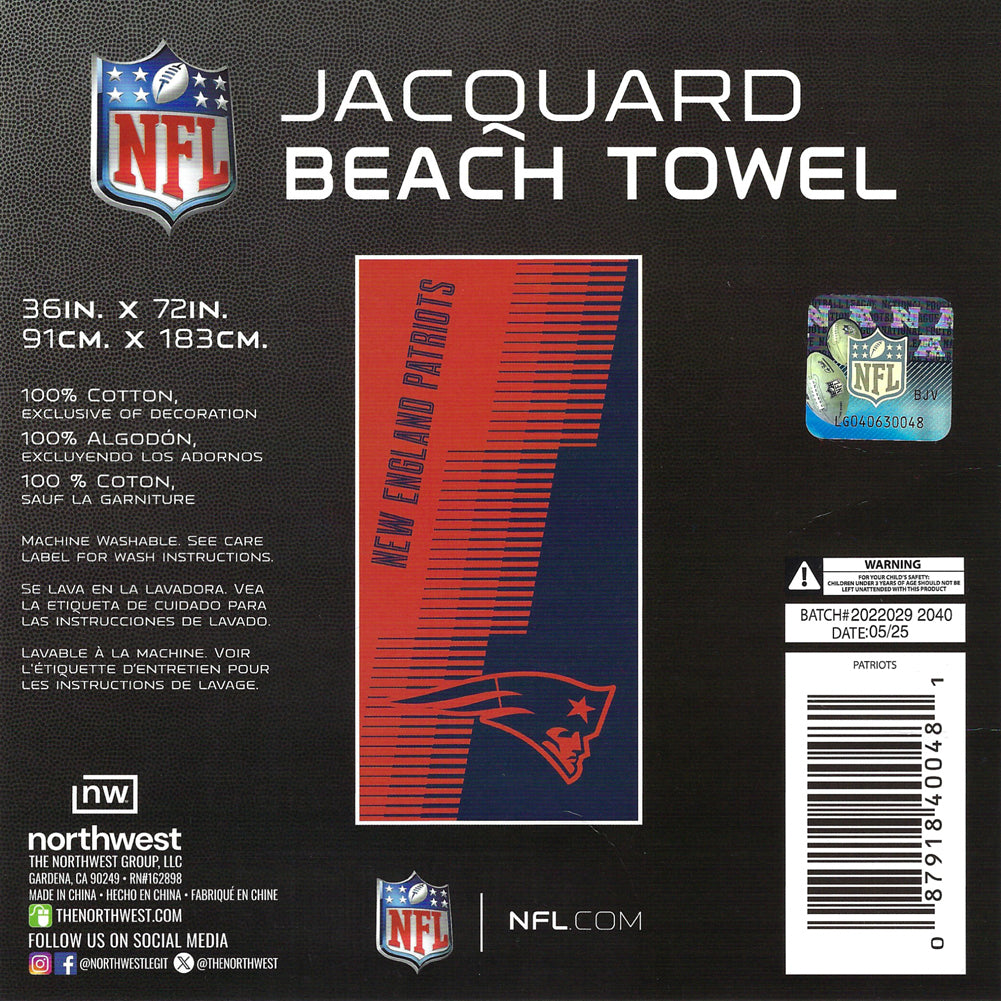 NFL New England Patriots Jacquard 36x72 Sports Cotton Football Beach Towel