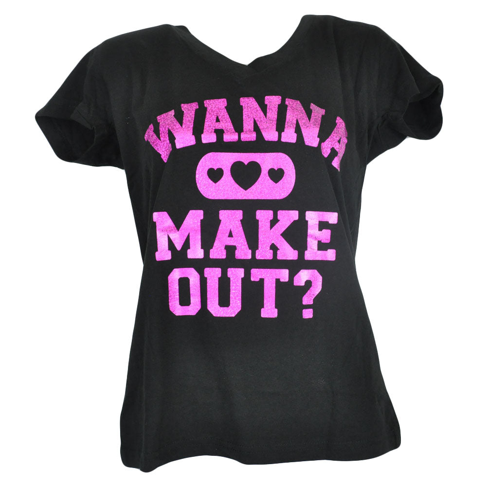 Wanna Make Out Women Ladies VNeck Glitter Shiny Tshirt Humor Funny Shirt