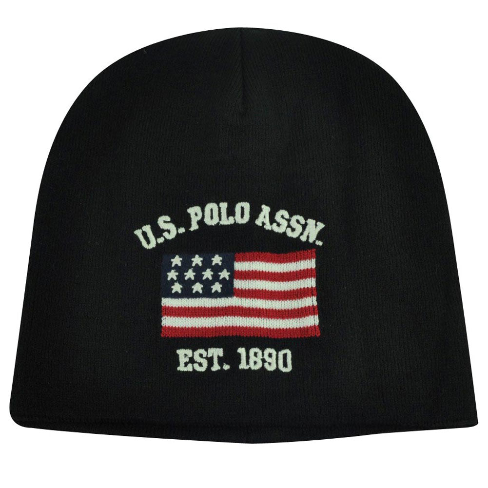US Polo Assn Association Brand Flag Logo Cuffless Hat Black Beanie Knit Toque