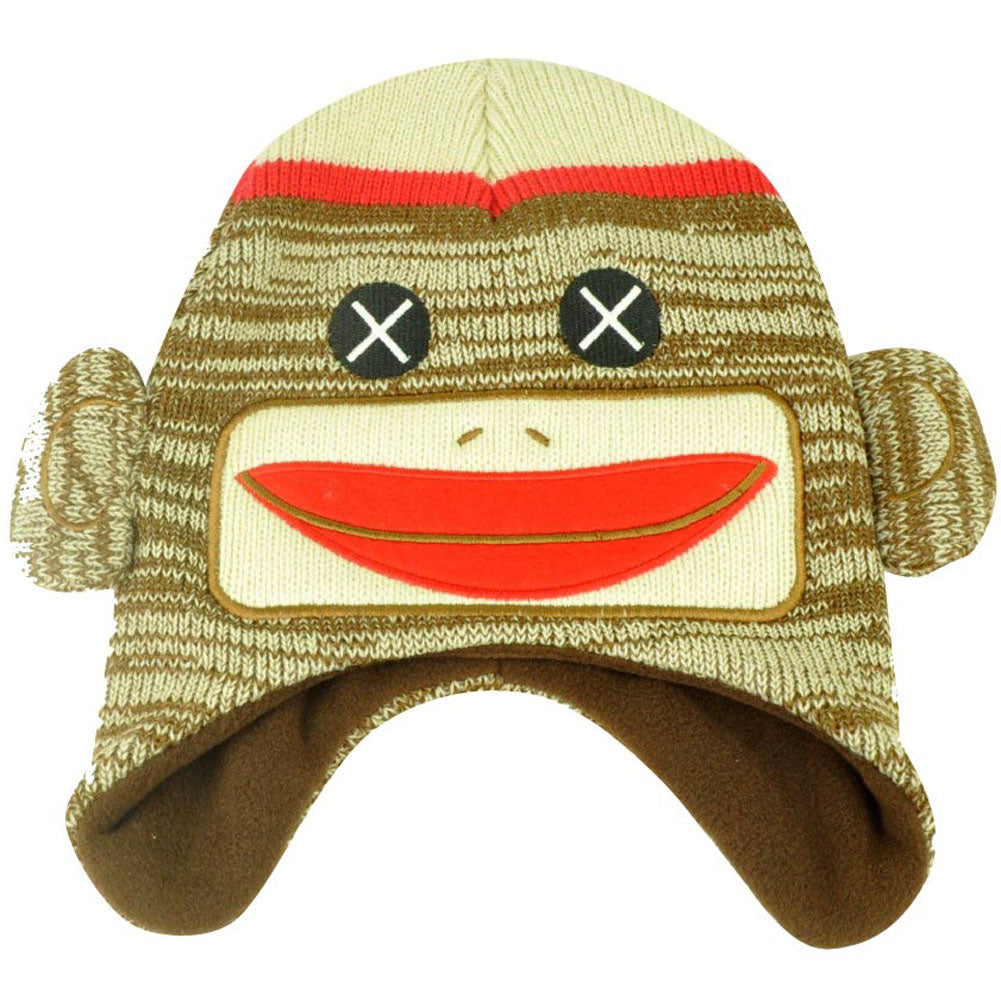 Sock Monkey Face Brand 3D Ear Flap Beanie Knit Fleece Winter Warm Youth Kid Hat