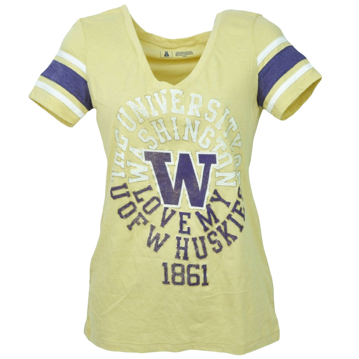 NCAA Washington Huskies Yellow Womens Short Sleeve Tshirt Tee V Neck Sports