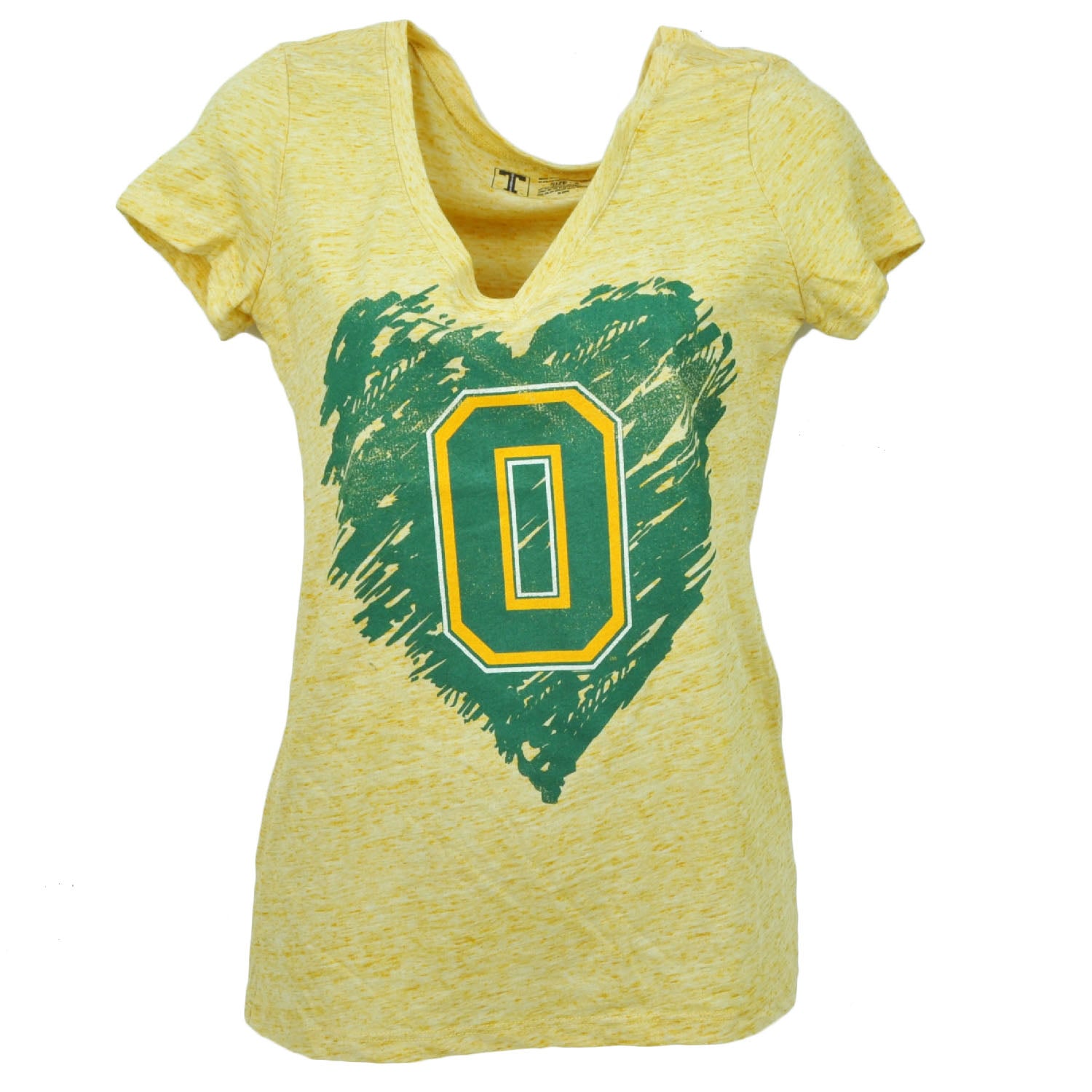 NCAA Oregon Ducks Heart V Neck Yellow Tshirt Tee Womens Short Sleeve Distressed