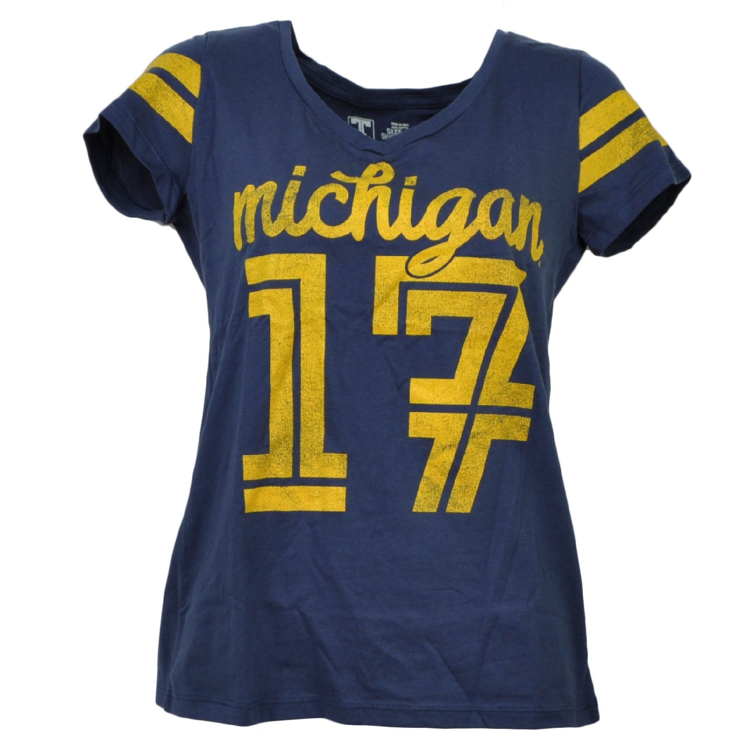 NCAA Michigan Wolverines V Neck Womens Short Sleeve Navy Blue Tshirt Tee