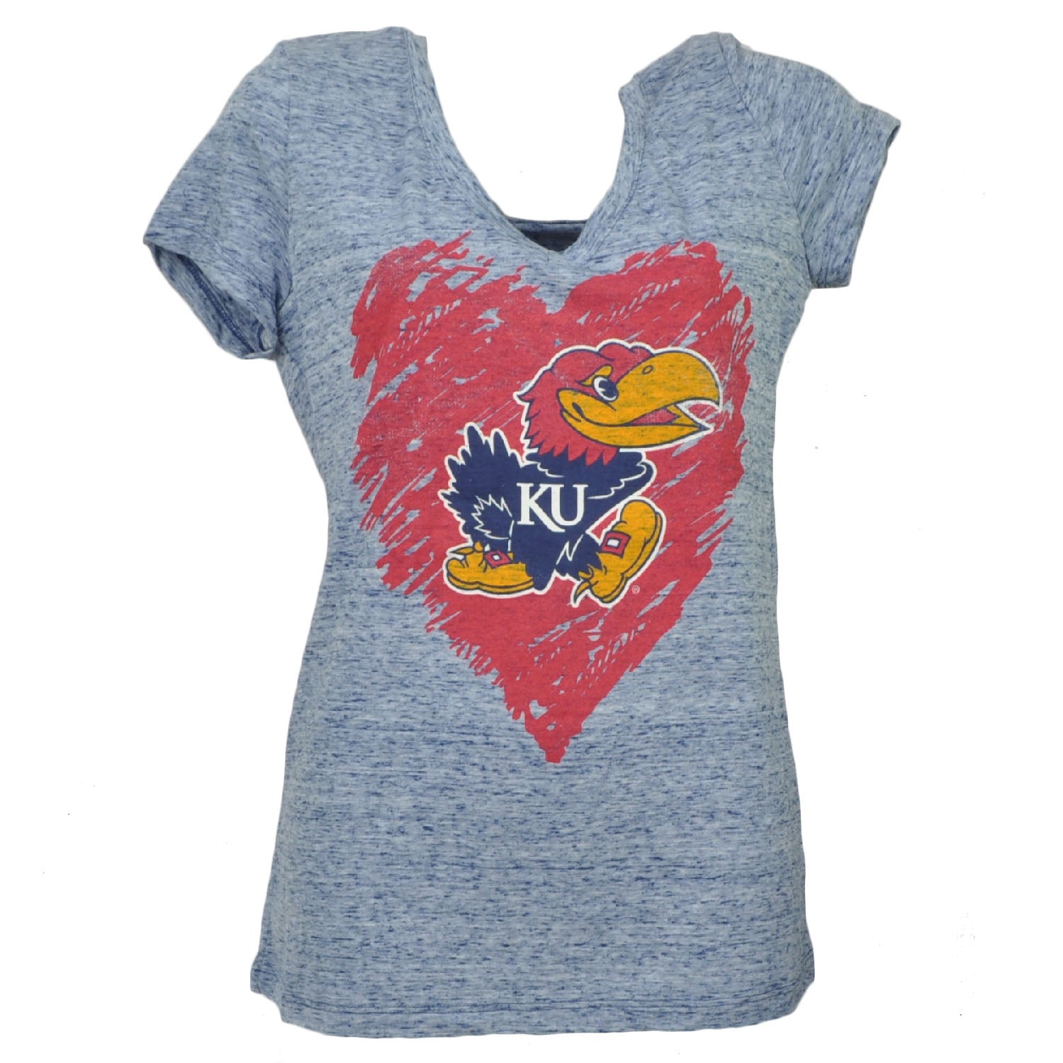 NCAA Kansas Jayhawks Heart Blue Tshirt Tee Womens Distressed V Neck Sport