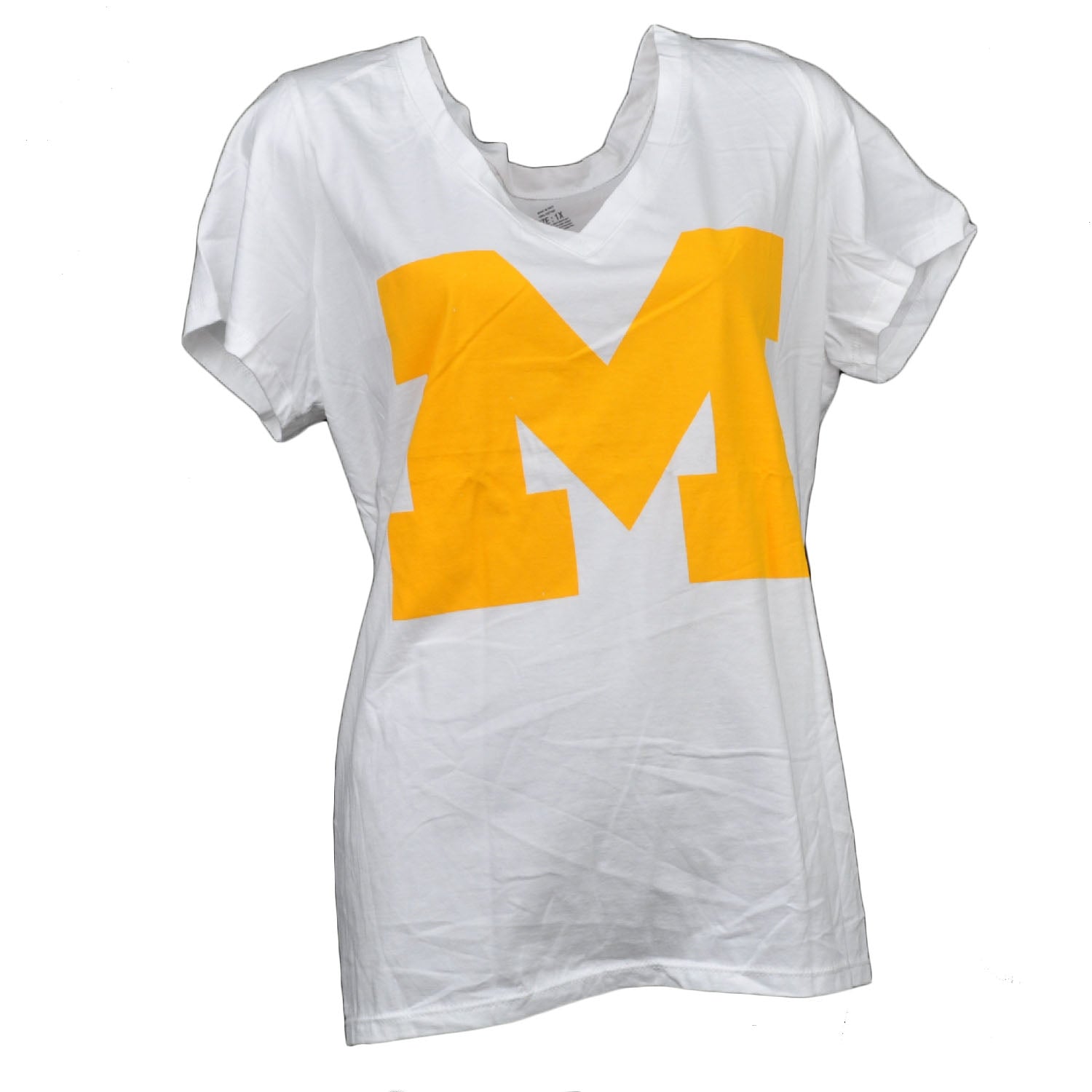 NCAA Michigan Wolverines V Neck Tshirt Tee White Womens Short Sleeve Big Logo
