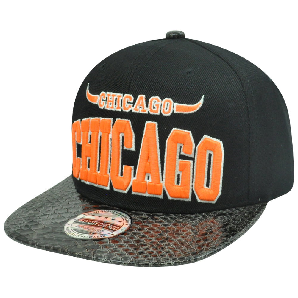 Chicago Illinois City USA Snapback Hat Cap Snake Skin Animal Faux Leather Orange
