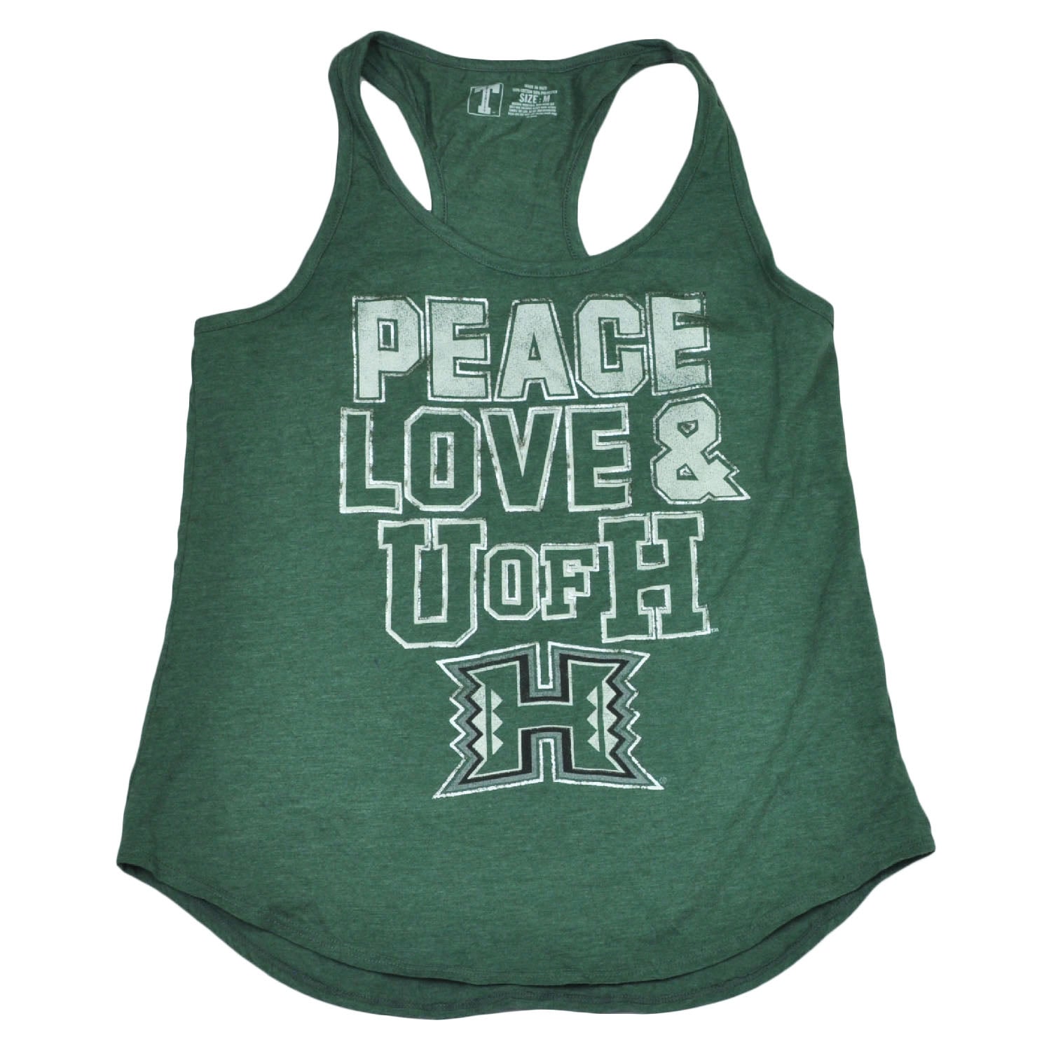 NCAA Hawaii Warriors Peace Love Green Tank Top Racerback Womens Ladies Distress