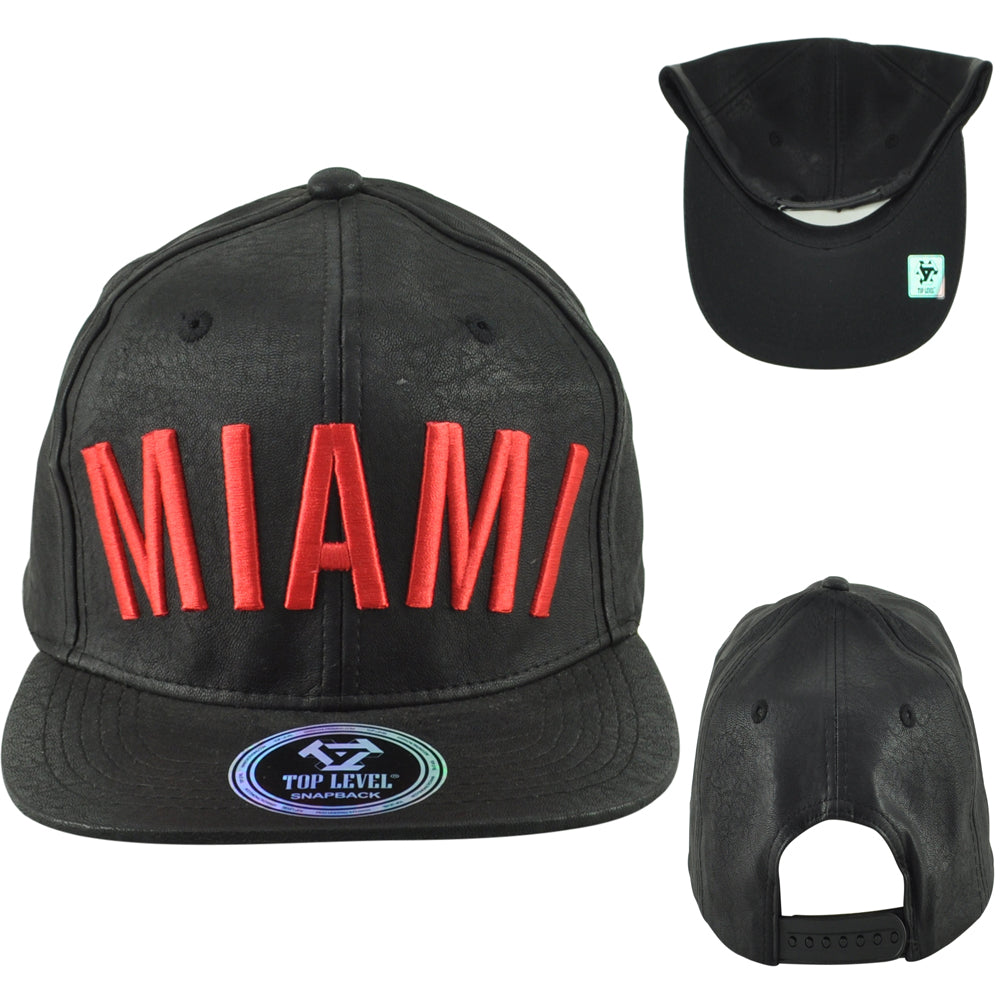Top Level Miami City Florida Black Red Flat Bill Leather Men Adjustable Hat Cap