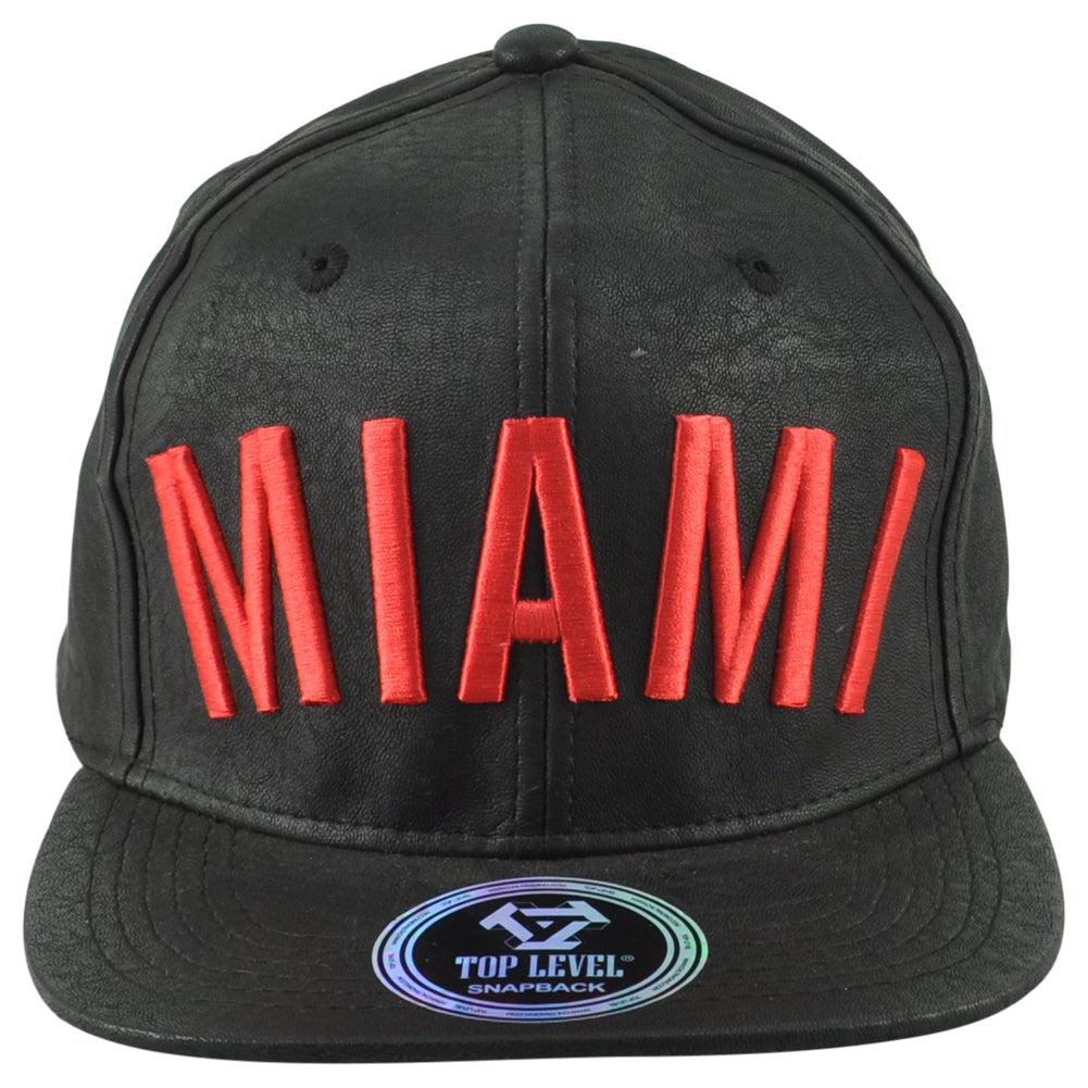 Top Level Miami City Florida Black Red Flat Bill Leather Men Adjustable Hat Cap