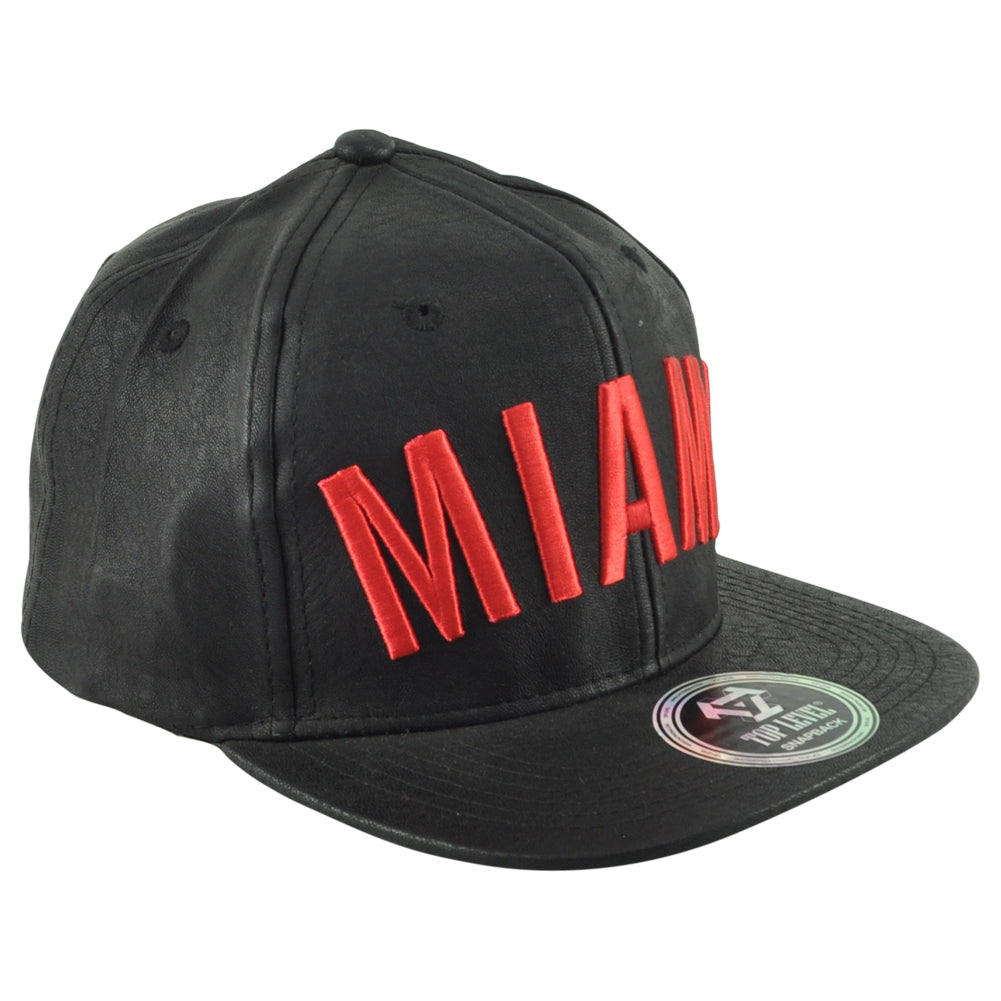 Top Level Miami City Florida Black Red Flat Bill Leather Men Adjustable Hat Cap