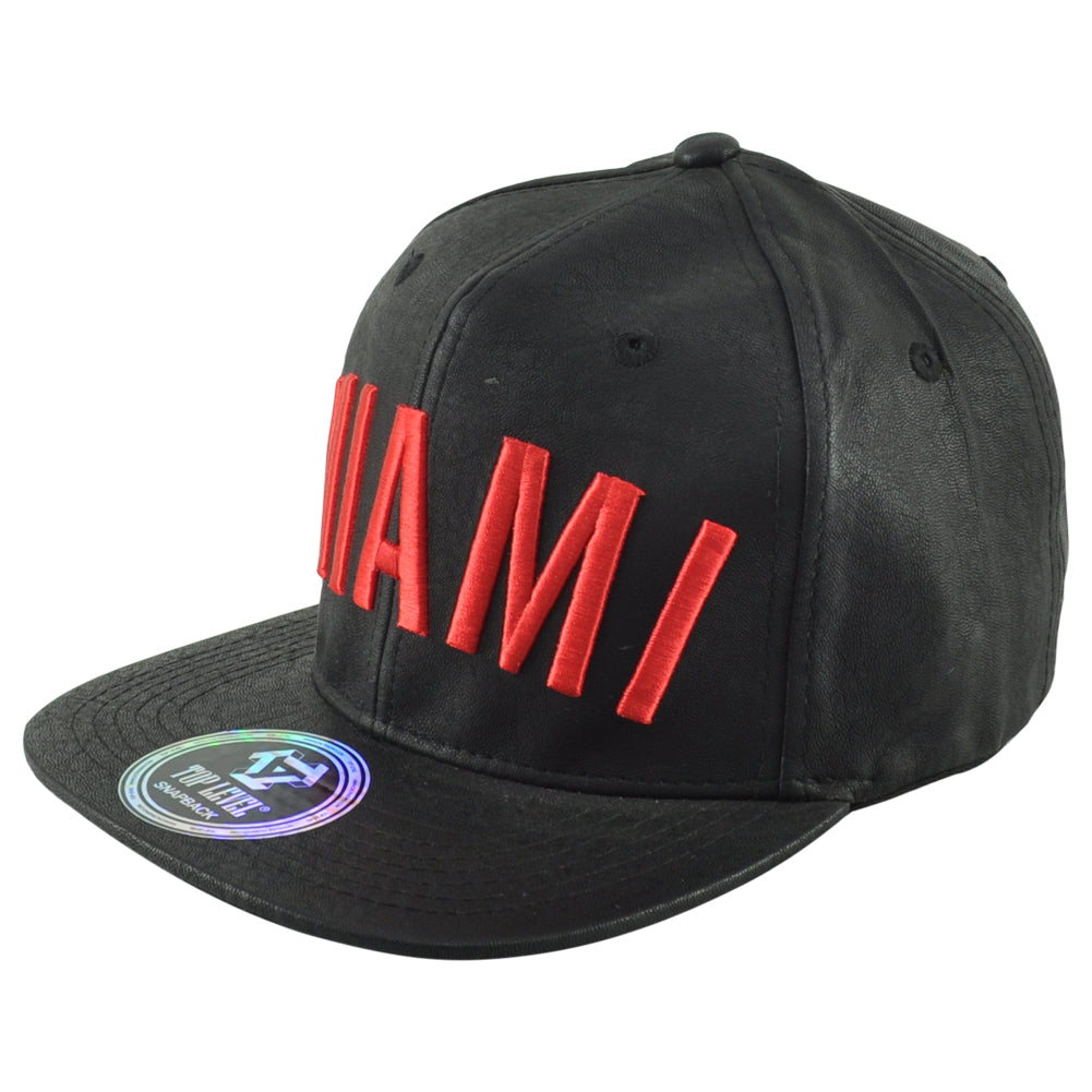 Top Level Miami City Florida Black Red Flat Bill Leather Men Adjustable Hat Cap