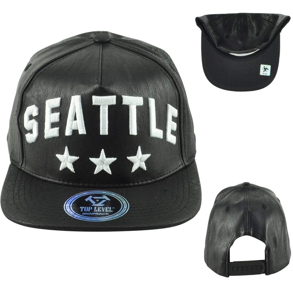 Top Level Seattle Washington Black Flat Bill Leather Stars Men Snapback Hat Cap