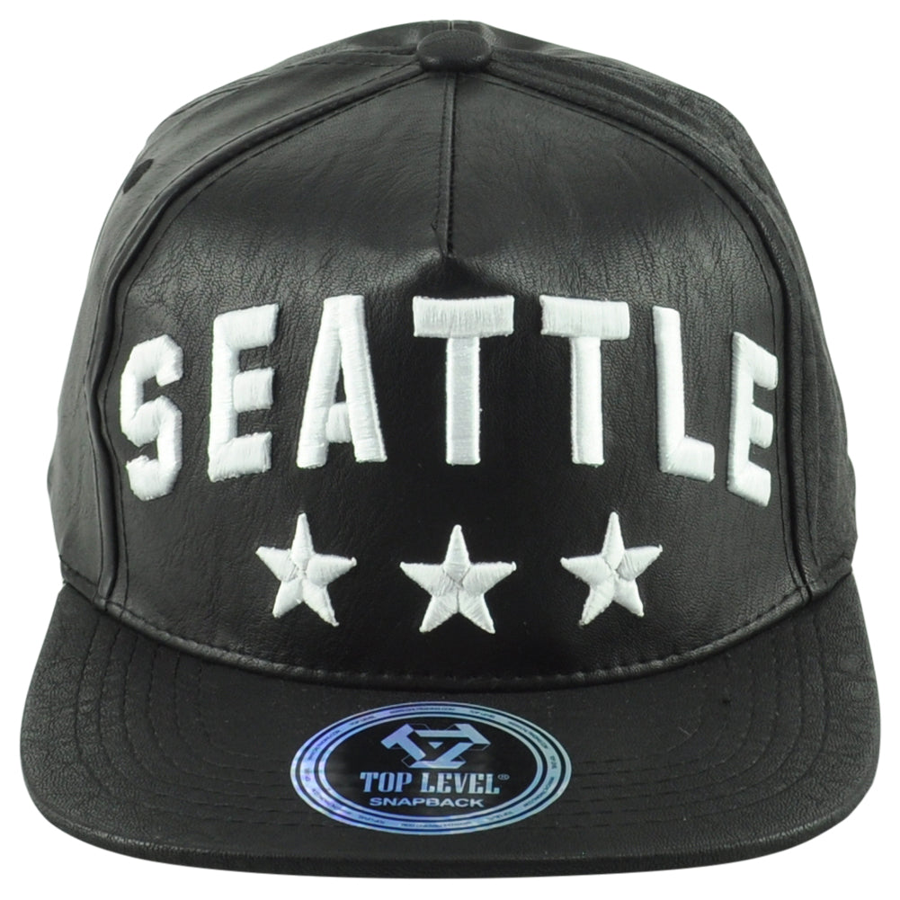 Top Level Seattle Washington Black Flat Bill Leather Stars Men Snapback Hat Cap