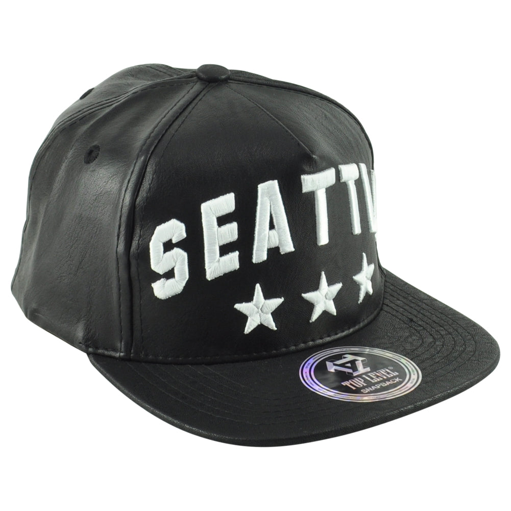 Top Level Seattle Washington Black Flat Bill Leather Stars Men Snapback Hat Cap