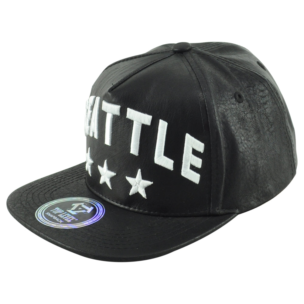 Top Level Seattle Washington Black Flat Bill Leather Stars Men Snapback Hat Cap